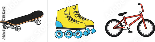 Skateboard, roller skates, and bicycle, showcasing various recreational activities and transportation options for active lifestyles