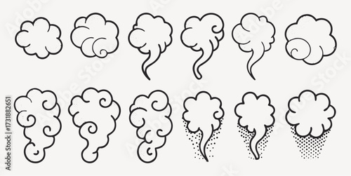 Whimsical cloud doodle set for creative designs, perfect for adding a touch of cartoon style and charm to your projects, hand-drawn cloud elements.