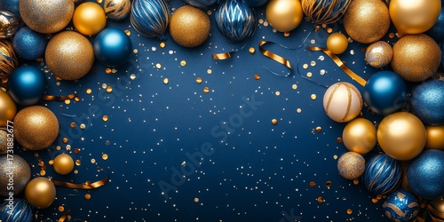 Holiday background with golden and blue metallic balloons, confetti and ribbons. Festive card for birthday party, anniversary, new year, christmas or other events. Created with, Generative AI