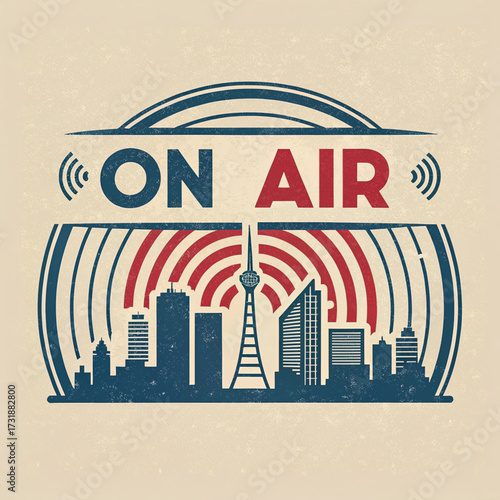 ON AIR Microphone with City Skyline and Vintage Radio Waves