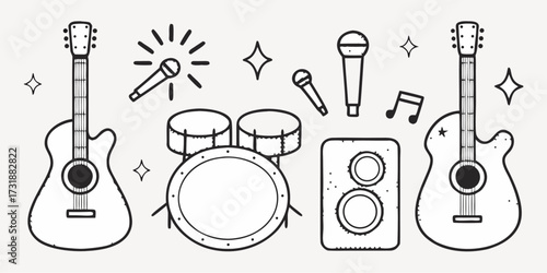Acoustic guitars, microphones, speaker, drum kit, and music note create a fun, musical vibe for concerts, events, or music themed projects