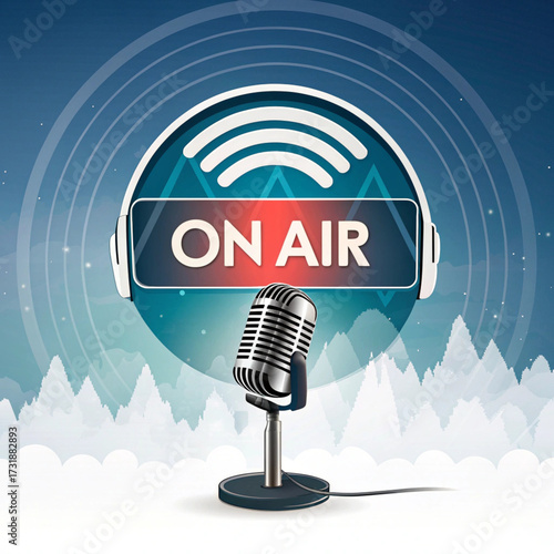 ON AIR Microphone with Blue Radio Waves and Sound Circle