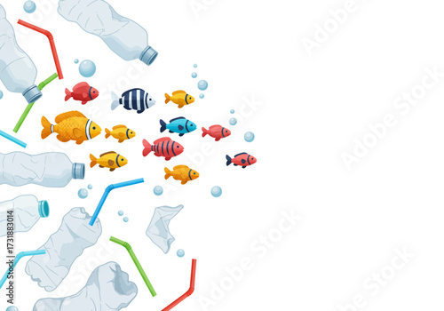 Ocean Pollution Fish Swimming Through Plastic Waste and Debris.