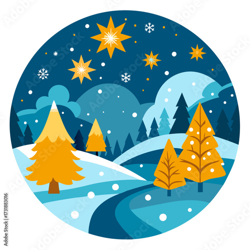 Vector illustration of whimsical illustration of a snowy winter landscape with stylized orange christmas trees, falling snowflakes, and bright starbursts in a dark blue night sky