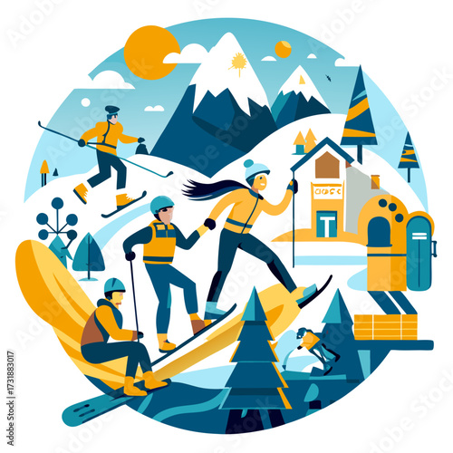 Vector illustration of people skiing and snowboarding down a snowy slope near a charming village with houses and pine trees, under a sunny sky with clouds and mountains