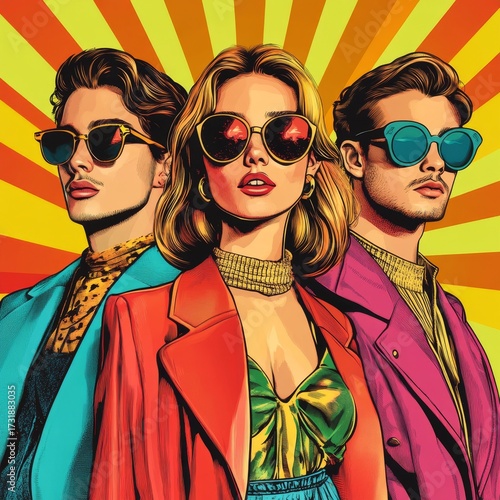 Pop art retro style pretty blonde young woman wearing headphones and sunglasses on vibrant colorful background. Created with, Generative AI