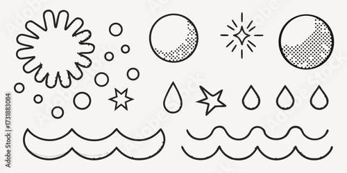 Whimsical weather icons with hand-drawn look featuring sun, raindrops, star, moon, and waves for playful designs and creative projects, originally a scalable graphic