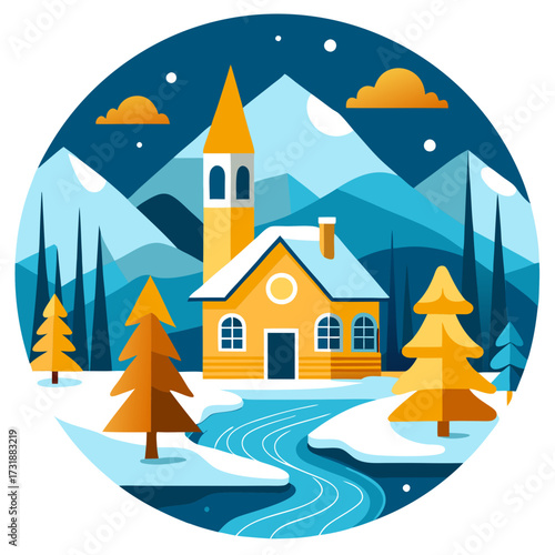 Vector illustration of charming winter scene with a cozy house, a church steeple, a winding river, and snowcovered pine trees under a starry night sky