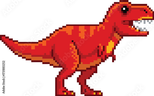 Pixel art red dinosaur T rex character, retro video game style illustration, prehistoric creature design, pixelated monster, digital artwork