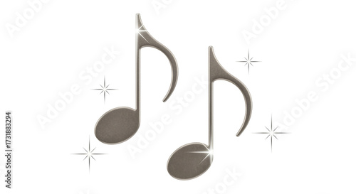 Isolated silver music notes on transparent background, sparkling decorative elements