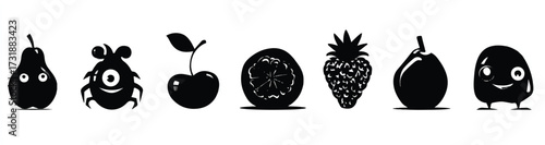 Whimsical Black and White Fruit Characters Illustration Featuring a Diverse Range of Delightful Fruits and Creatures