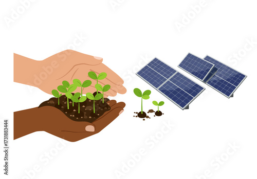 Sustainable Future Hands Nurturing Plants with Solar Panels.