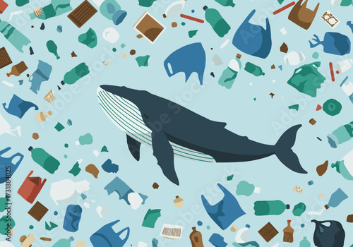 Whale swimming in ocean surrounded by plastic waste pollution.