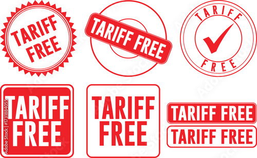 A collection of six red vector stamps and labels, all indicating a 'Tariff Free' status for commerce.