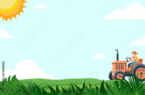 A vibrant summer landscape with a farm tractor working in the green field under a blue sky