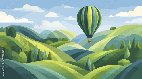 Hot air balloon over rolling hills