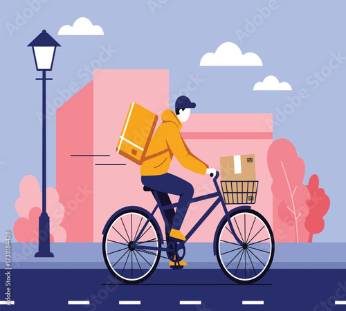 Flat vector design of bicycle courier delivering e-commerce package, bold colors, simple shapes, urban background