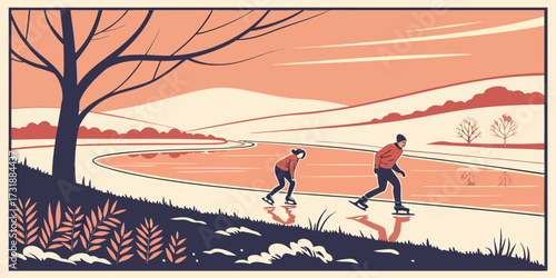 Vector poster of people ice skating on a frozen lake at sunset. Include reflections in ice, snow-covered banks, warm orange and pink sky, distant snowy hills, subtle motion blur on skaters, clean comp