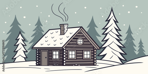Vector illustration of a small wooden cabin nestled in a snowy forest. Include smoke curling from the chimney, snow-covered pine trees, soft glowing lights from cabin windows, gentle snowflakes fallin