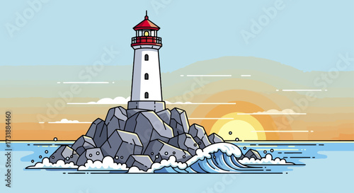Lighthouse at sunrise over rocky coastline