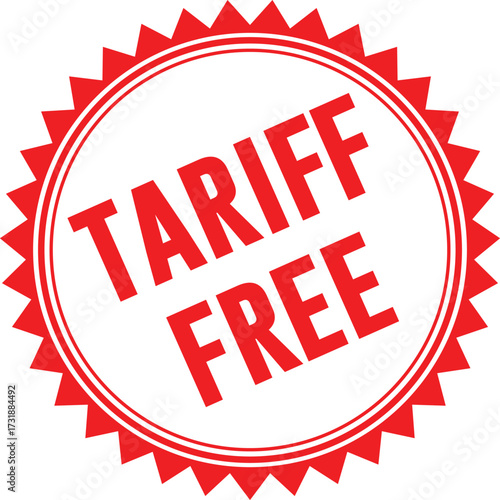 A red circular starburst seal or stamp with the words TARIFF FREE written in bold, angled, capital letters inside.