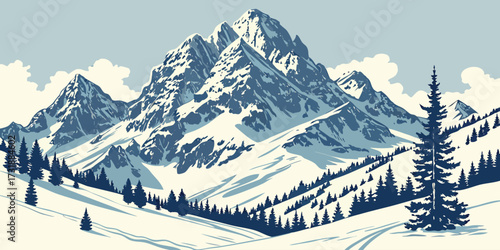 Vector illustration of towering snow-covered mountains bathed in soft morning light. Include subtle clouds around peaks, icy textures on slopes, minimal trees, crisp clear sky, dramatic yet clean comp