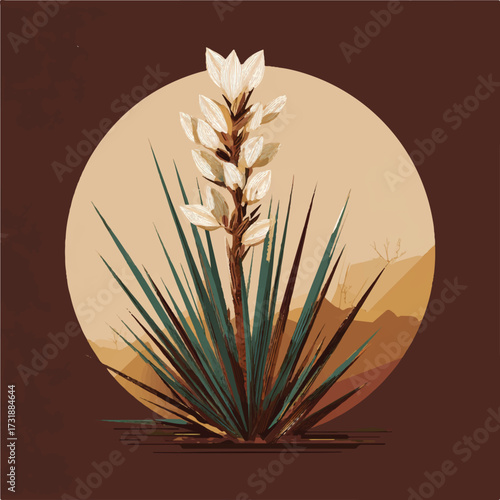 Yucca plant in desert with flower spikes and sharp leaves in the Southwest artistic rendering
