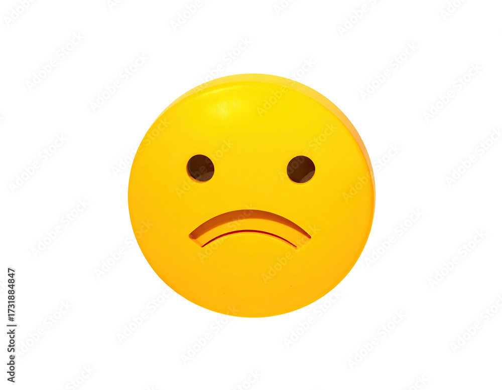 Fototapeta premium Yellow, round emoji with a down-turned mouth and two oval, brown eyes