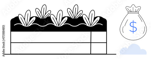 Crops growing in soil layers with financial bag and cloud icon. Ideal for sustainability, eco-farming, financial planning, renewable resources, innovation, investment, future growth. Simple flat