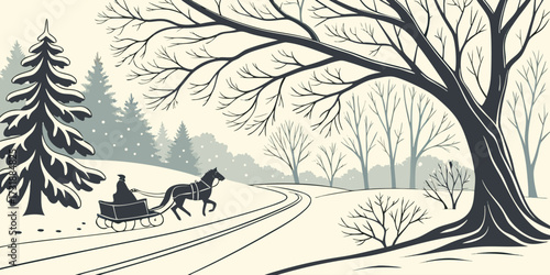 Vector illustration of a horse-drawn sleigh moving through a snow-covered forest. Include snow-laden branches, trailing sleigh tracks, soft sunlight filtering through trees, subtle snowflakes, minimal