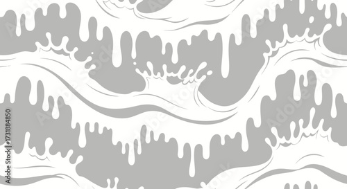 A seamless, abstract pattern of white liquid dripping and splashing against a gray background.