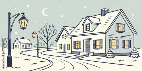 Vector poster of a small village street during winter. Include snow-covered rooftops, glowing holiday lanterns, subtle footprints on snowy streets, soft evening sky, minimal extra elements for festive