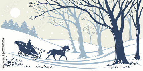 Vector illustration of a horse-drawn sleigh moving through a snow-covered forest. Include snow-laden branches, trailing sleigh tracks, soft sunlight filtering through trees, subtle snowflakes, minimal