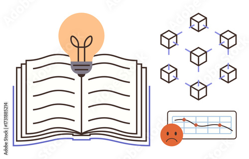 Open book paired with glowing lightbulb, representing knowledge and creativity, interconnected blocks of blockchain network, and negative trend graph with sad face emoticon. Ideal for innovation