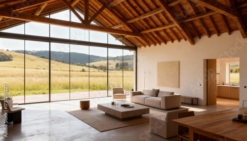 Wallpaper Mural Spacious living room with microcement floor and panoramic glass wall in soft daylight 
 Torontodigital.ca