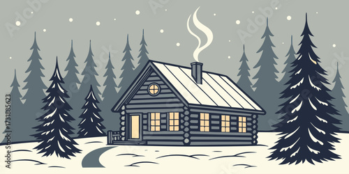 Vector illustration of a small wooden cabin nestled in a snowy forest. Include smoke curling from the chimney, snow-covered pine trees, soft glowing lights from cabin windows, gentle snowflakes fallin