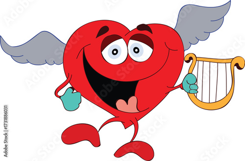 A funny cartoon vector illustration of a cute, smiling heart with wings and a baby angel symbolizing love for Valentine's Day