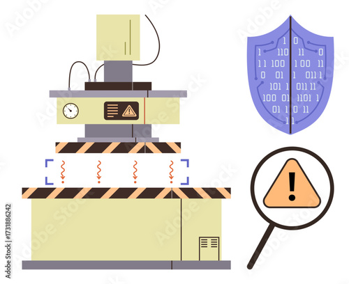 Factory machinery with caution signals, shield featuring binary code, magnifying glass showing alert. Ideal for safety, risk awareness, system analysis, cybersecurity, hazard prevention, technology