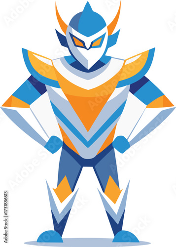 Colorful cartoon superhero character, wearing a mask and cape, poses heroically with a cityscape in the background.