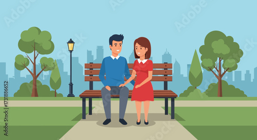 Couple sitting on park bench holding hands.