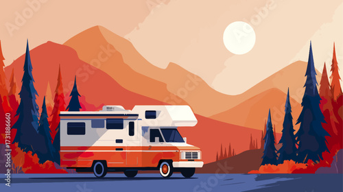 Recreational vehicle in autumnal mountain landscape