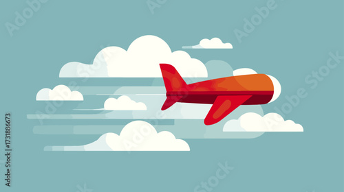 Red airplane flying above clouds