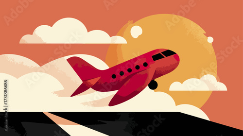 Red airplane taking off at sunrise