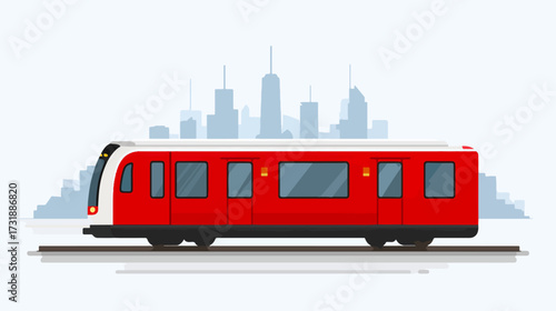 Red subway train in urban landscape