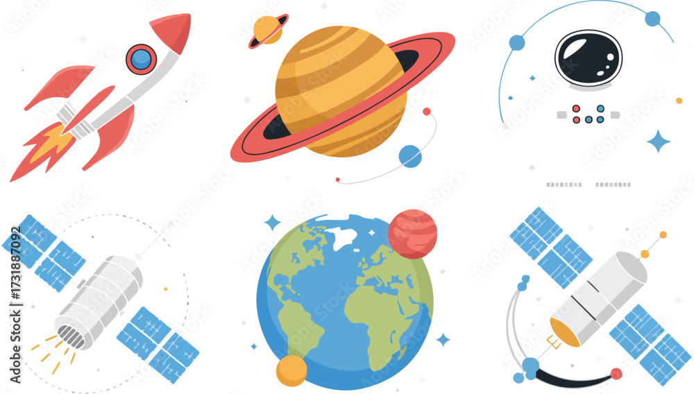 Naklejka premium Space Exploration Illustration Featuring Rocket Planet Astronaut Satellites