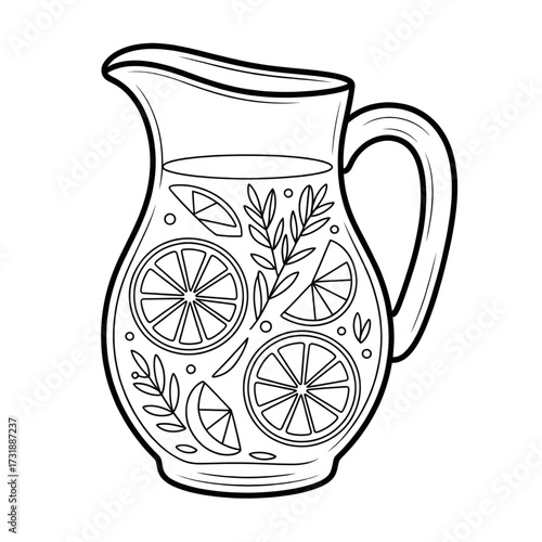 Line Art Illustration of a Lemonade Pitcher with Lemon Slices and Herbs for Refreshing Drink Themes