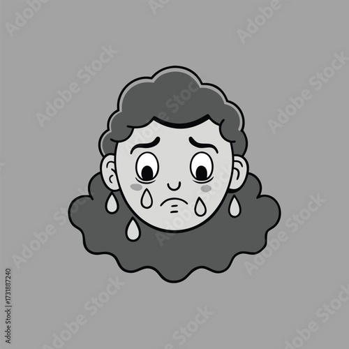 A cartoon character depicting a man with a sorrowful face, characterized by a frown and teary eyes.