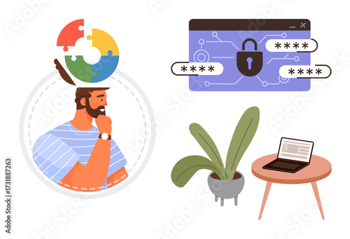 Thoughtful man with puzzle head, browser with lock and masked passwords, laptop on table with plant. Ideal for innovation, security, data protection, creativity, problem-solving, digital safety