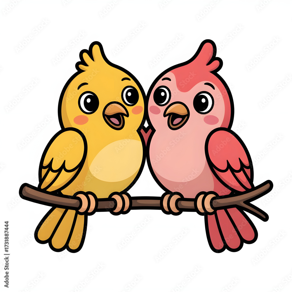 Obraz premium Cute Cartoon Pair of Lovebirds Sitting on a Branch for Kids, Animals, and Nature Themes