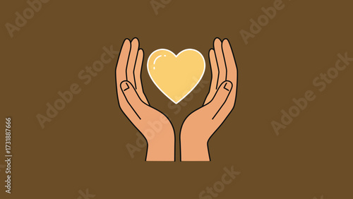 Flat vector two open hands holding a glowing heart, warm minimal compassion artwork. World Kindness Day
